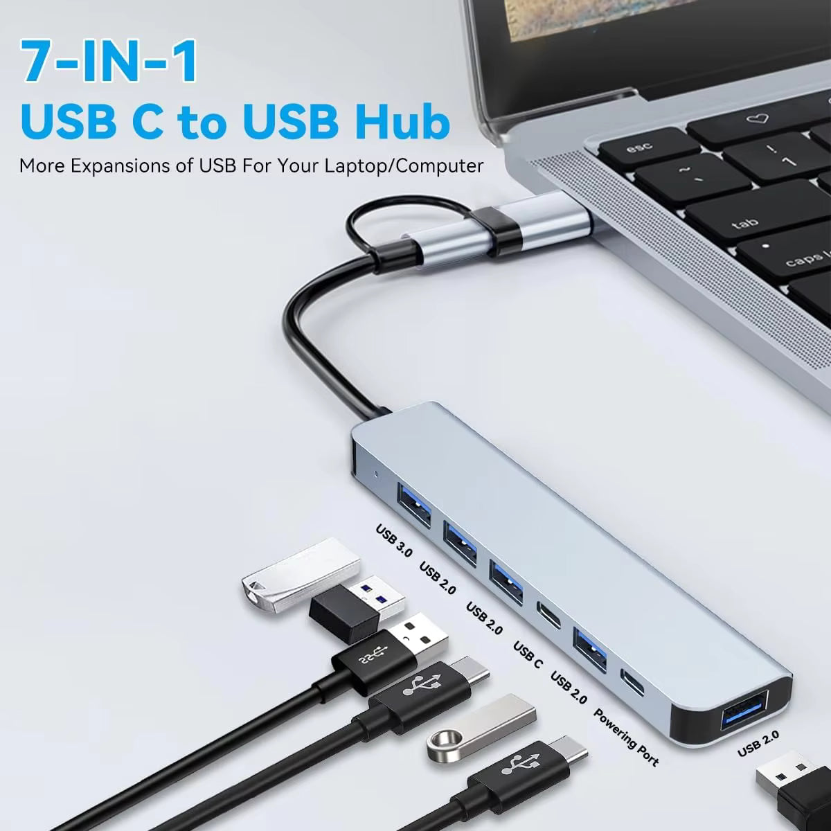 7-Port USB Hub with USB-C Adapter – Multiport USB 3.0 Splitter for Laptop & PC
