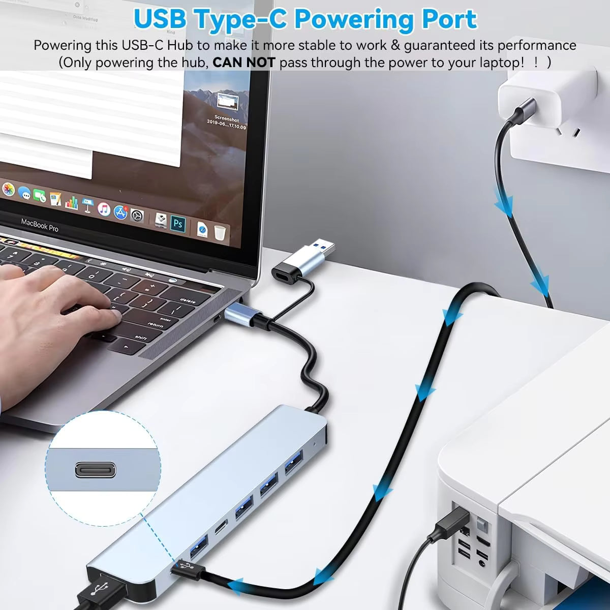 7-Port USB Hub with USB-C Adapter – Multiport USB 3.0 Splitter for Laptop & PC