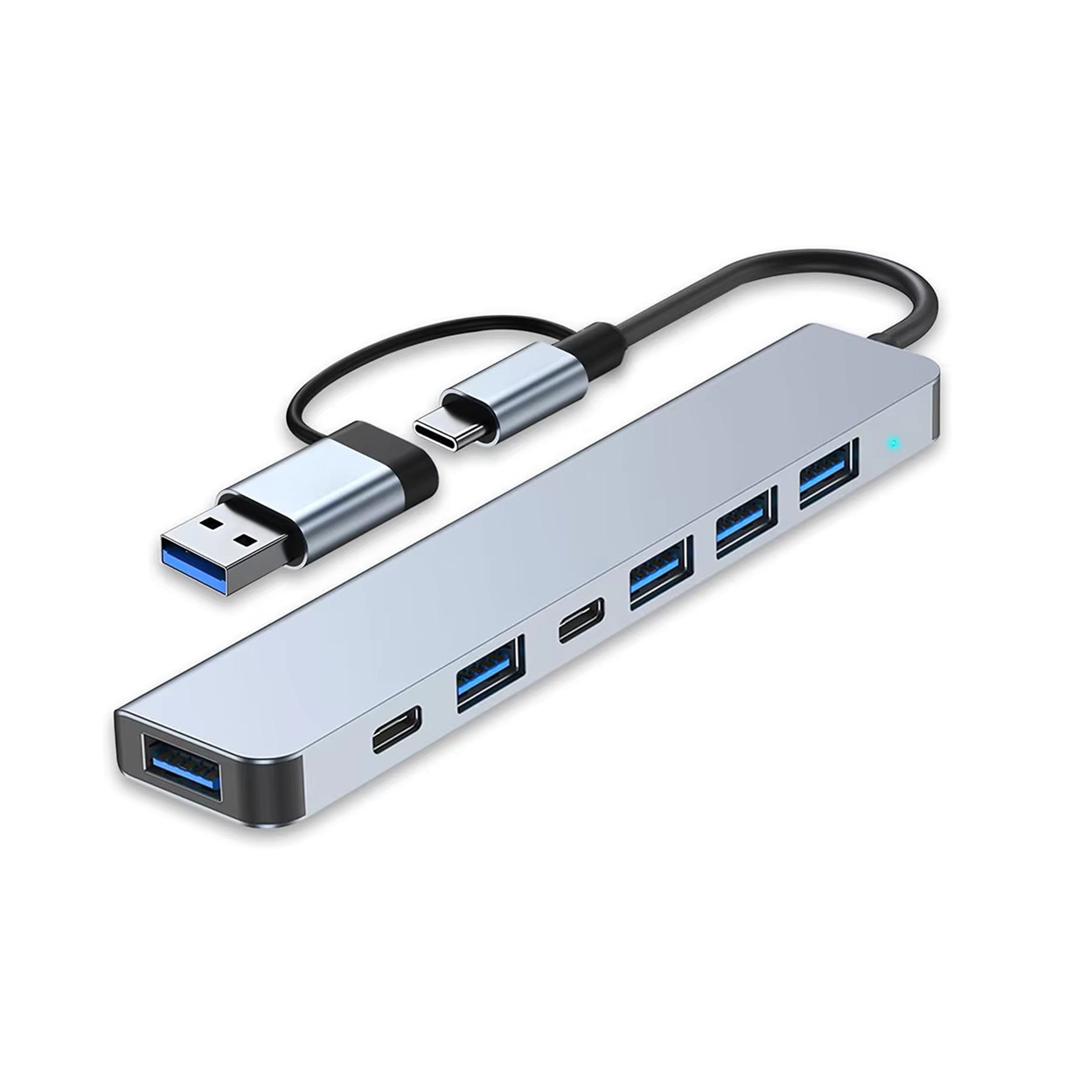 7-Port USB Hub with USB-C Adapter – Multiport USB 3.0 Splitter for Laptop & PC